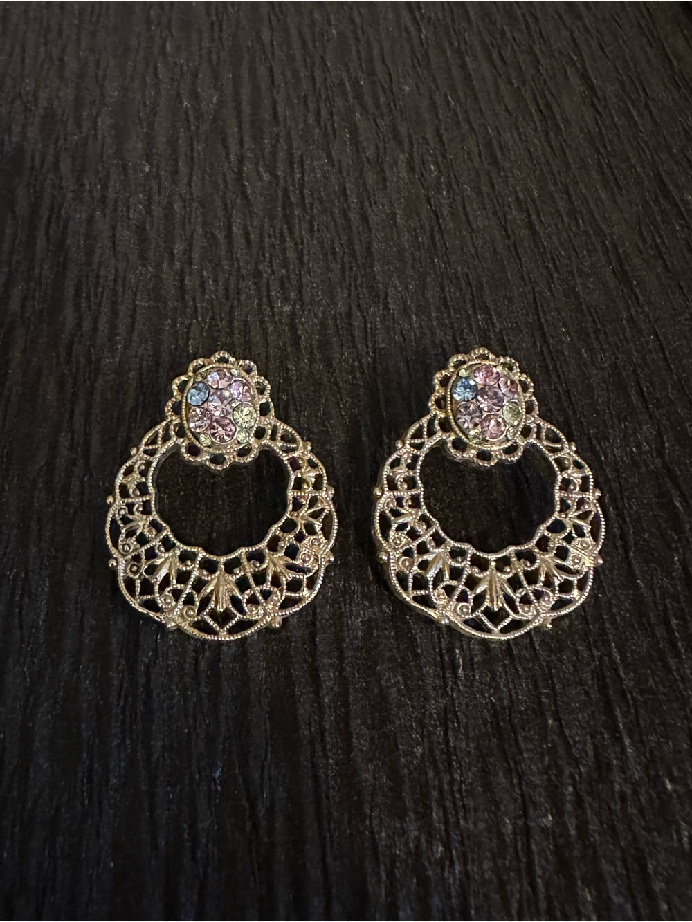 1928 Jewelry Company Gold Filigree Doorknocker Earrings with Pastel Crystals
